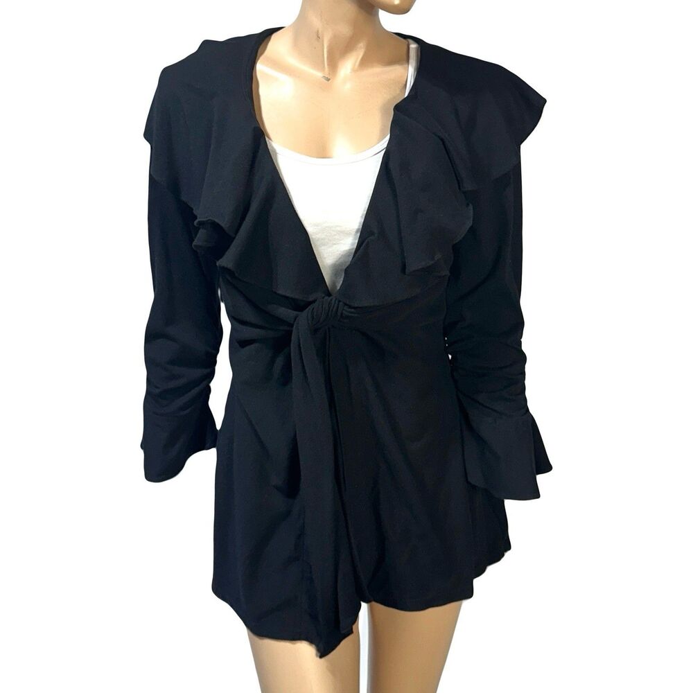 Finley Black Cardigan Sweater Long Sleeve Tie Front Ruffle Neck Supima Cotton S
